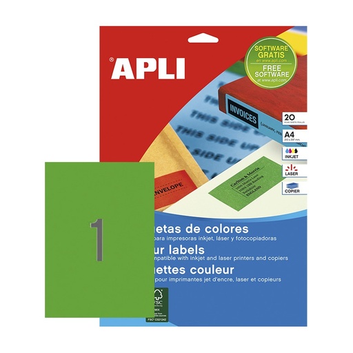 [028440] APLI ETIQUETAS VERDES PERMANENTES 210X297MM 20 HOJAS