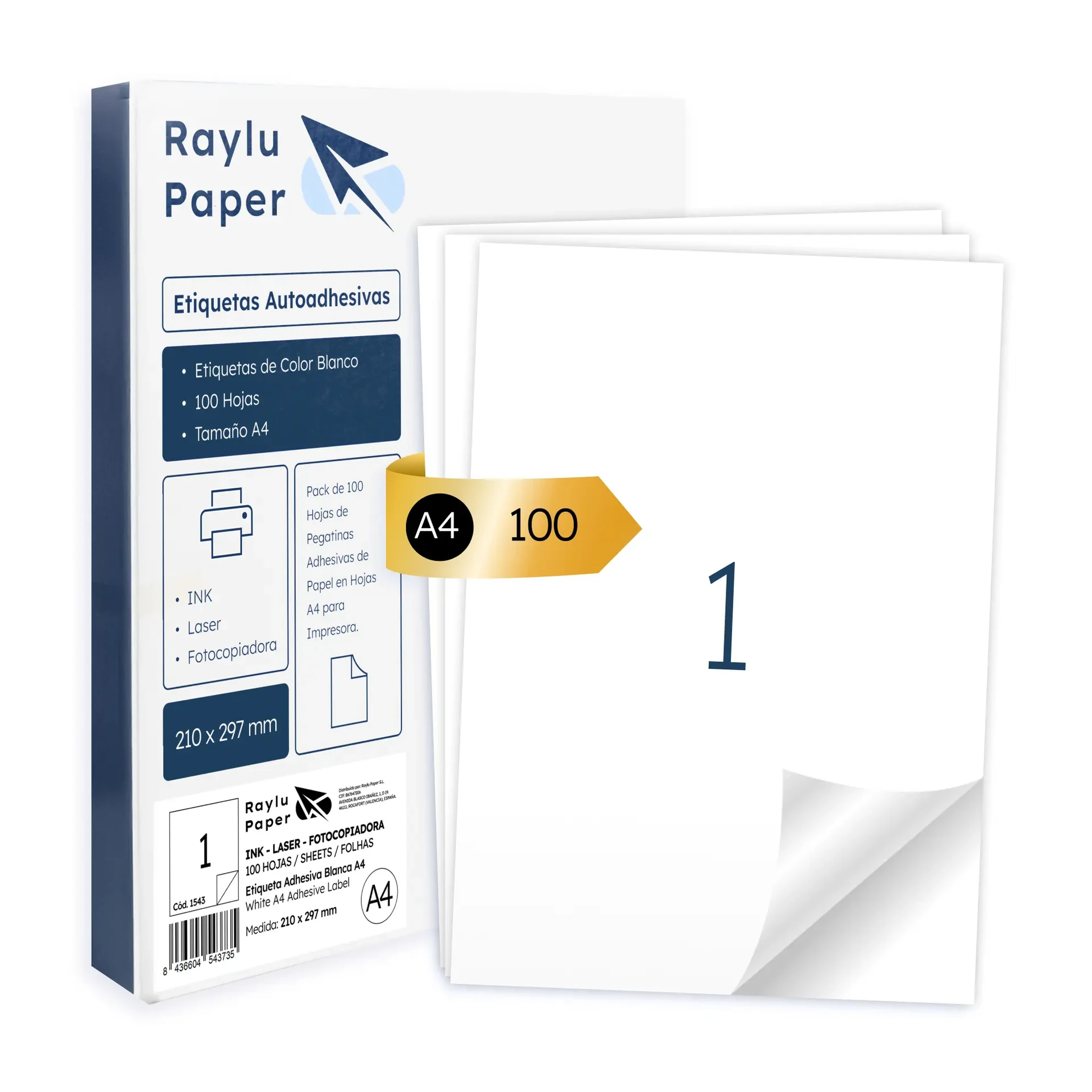 [001543] ETIQUETAS ADHESIVAS A4 RAYLU 1 POR HOJA 210 x 297 MM PACK 100 HOJAS