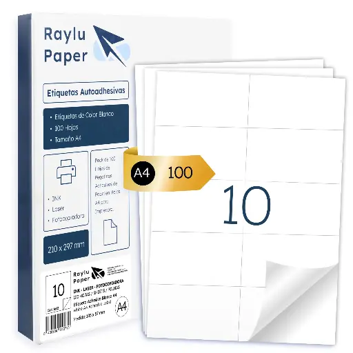 [001632] ETIQUETAS ADHESIVAS A4 RAYLU 10 POR HOJA 105x57MM 100 HOJAS