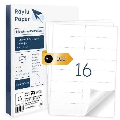 [001539] ETIQUETAS ADHESIVAS A4 RAYLU 24 POR HOJA 105x37MM 100 HOJAS