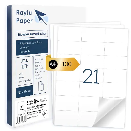 [001631] ETIQUETAS ADHESIVAS A4 RAYLU 70x42,4MM 21 POR HOJA 100 HOJAS
