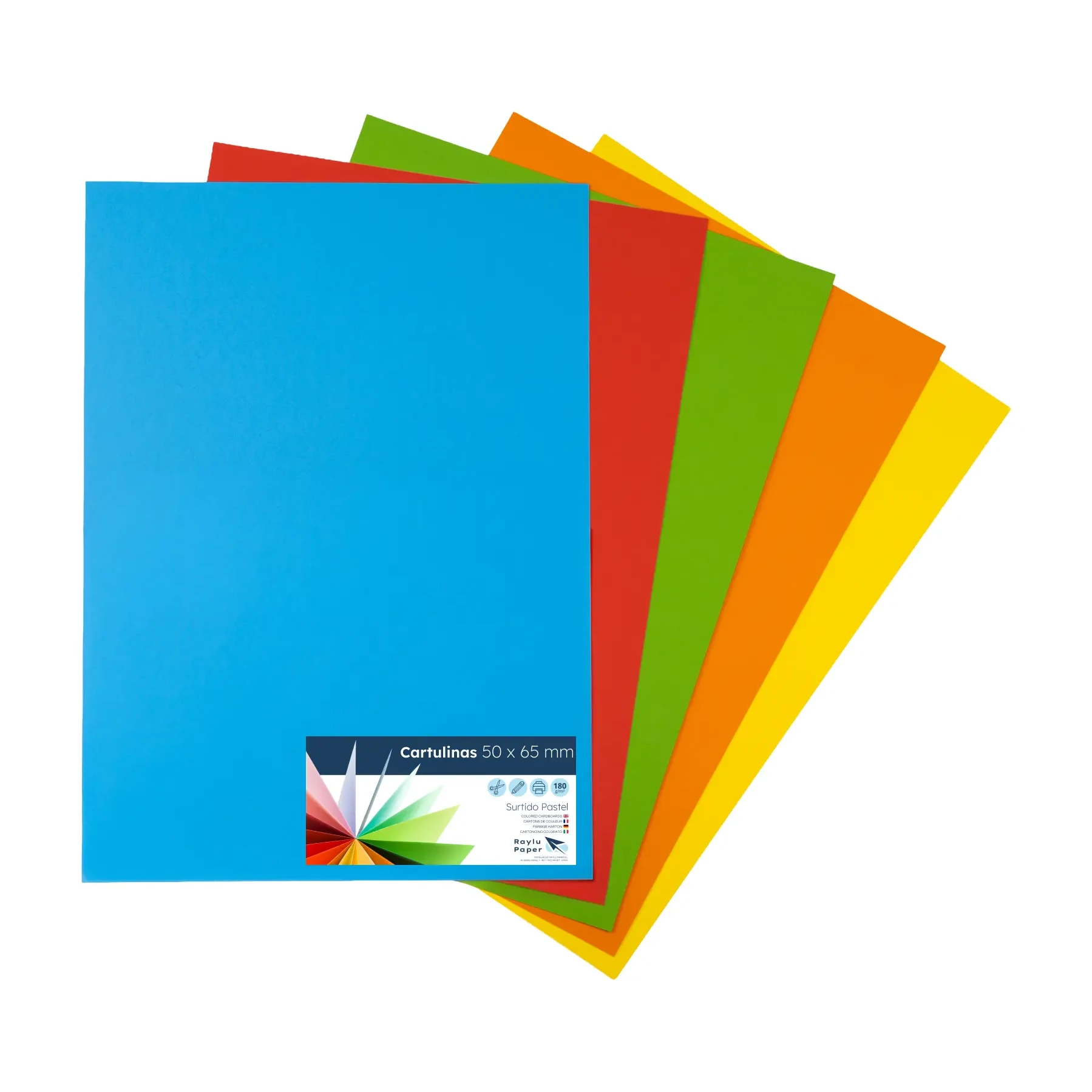 [825345] CARTULINAS RAYLU COLORES VIVOS SURTIDOS DE 50x65CM 180 GRAMOS PACK 25 HOJAS RAYLU