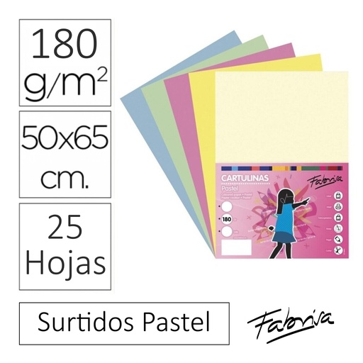 [825344] CARTULINAS DE COLORES PASTEL SURTIDOS DE TAMAÑO 50x65 - PACK 25 HOJAS 180 GR 