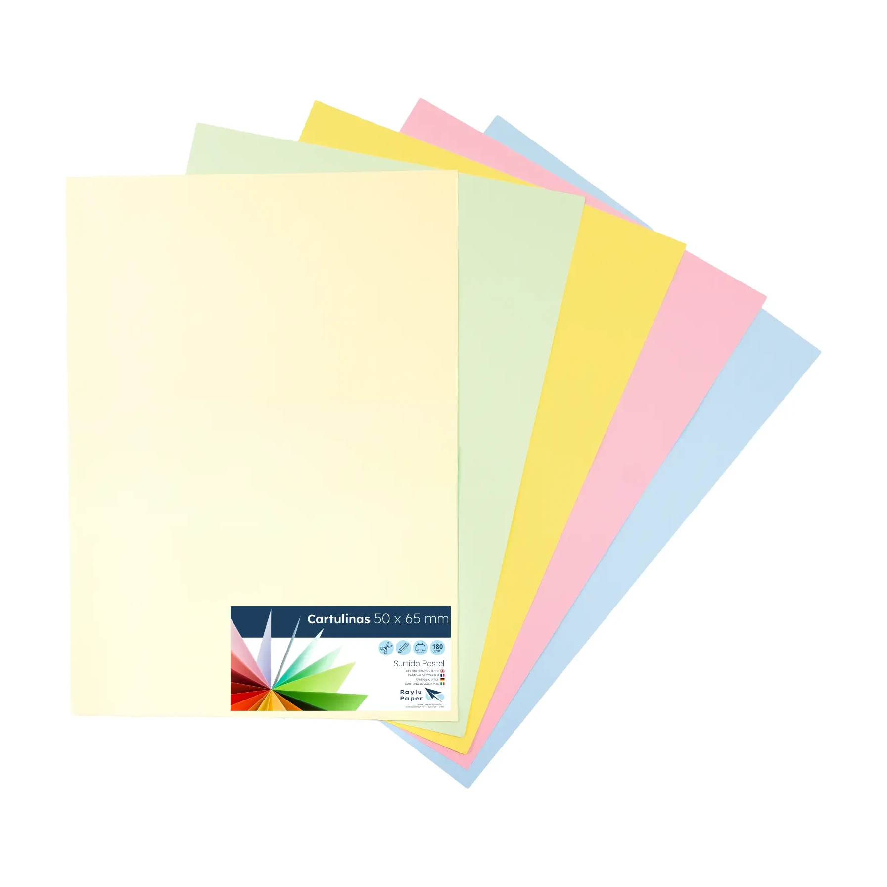 [825344] CARTULINAS RAYLU COLORES PASTEL SURTIDOS 50x65CM 180 GRAMOS PACK 25 HOJAS RAYLU