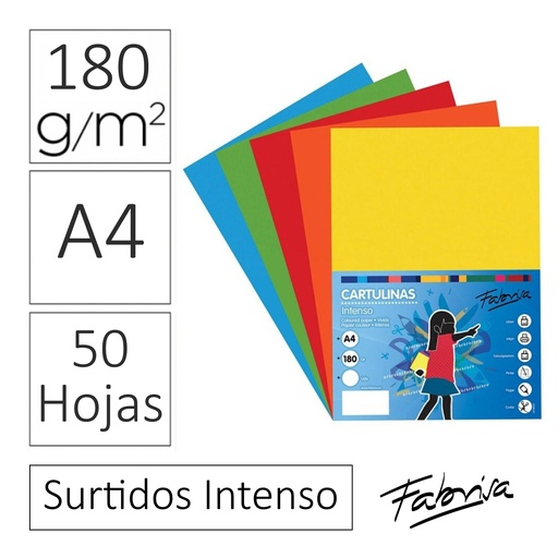[825350] CARTULINAS DE COLORES VIVOS SURTIDOS DE TAMAÑO A4 - PACK 50 HOJAS 180 GR