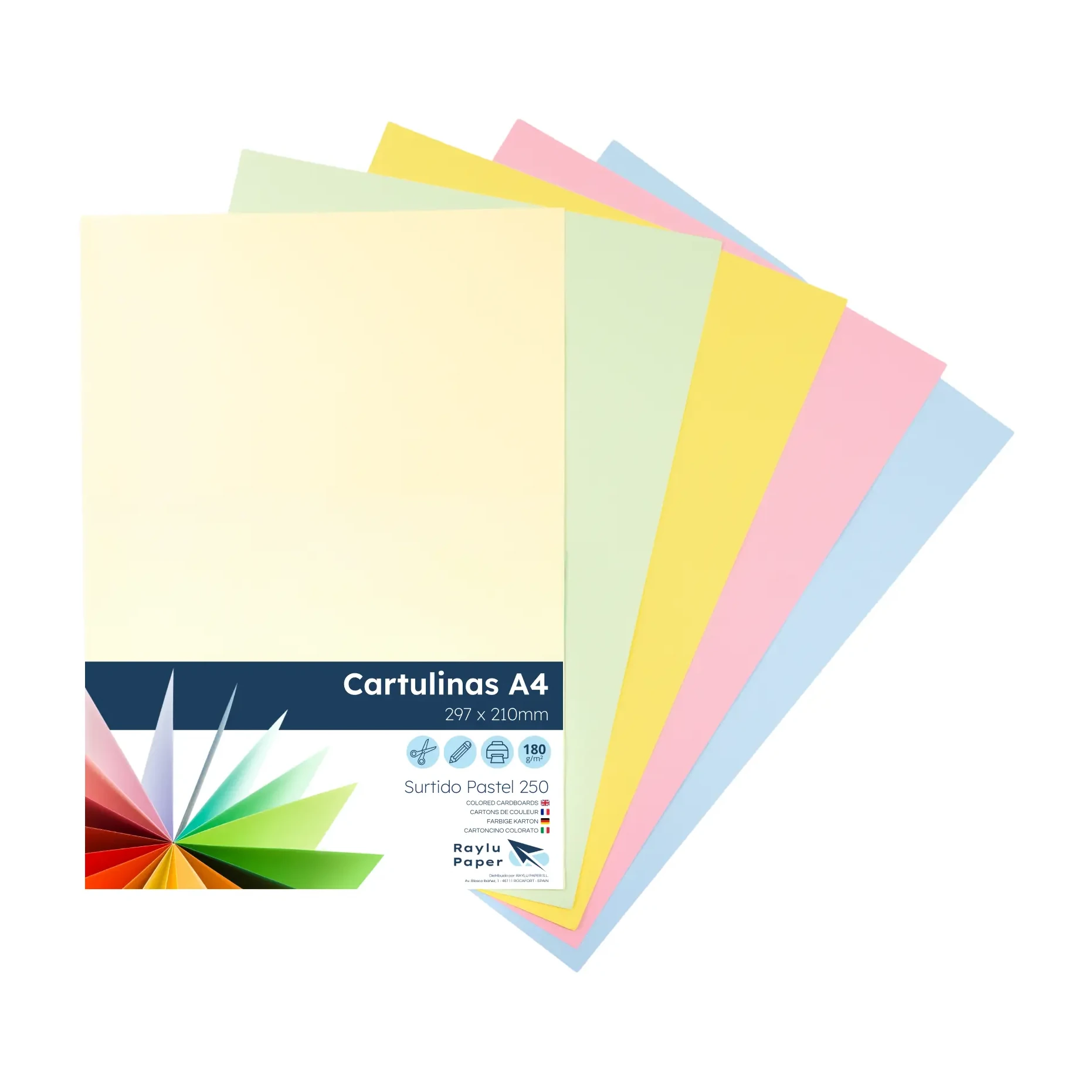 [497004] CARTULINAS RAYLU COLORES PASTEL SURTIDOS A4 180 GRAMOS PACK 250 HOJAS RAYLU