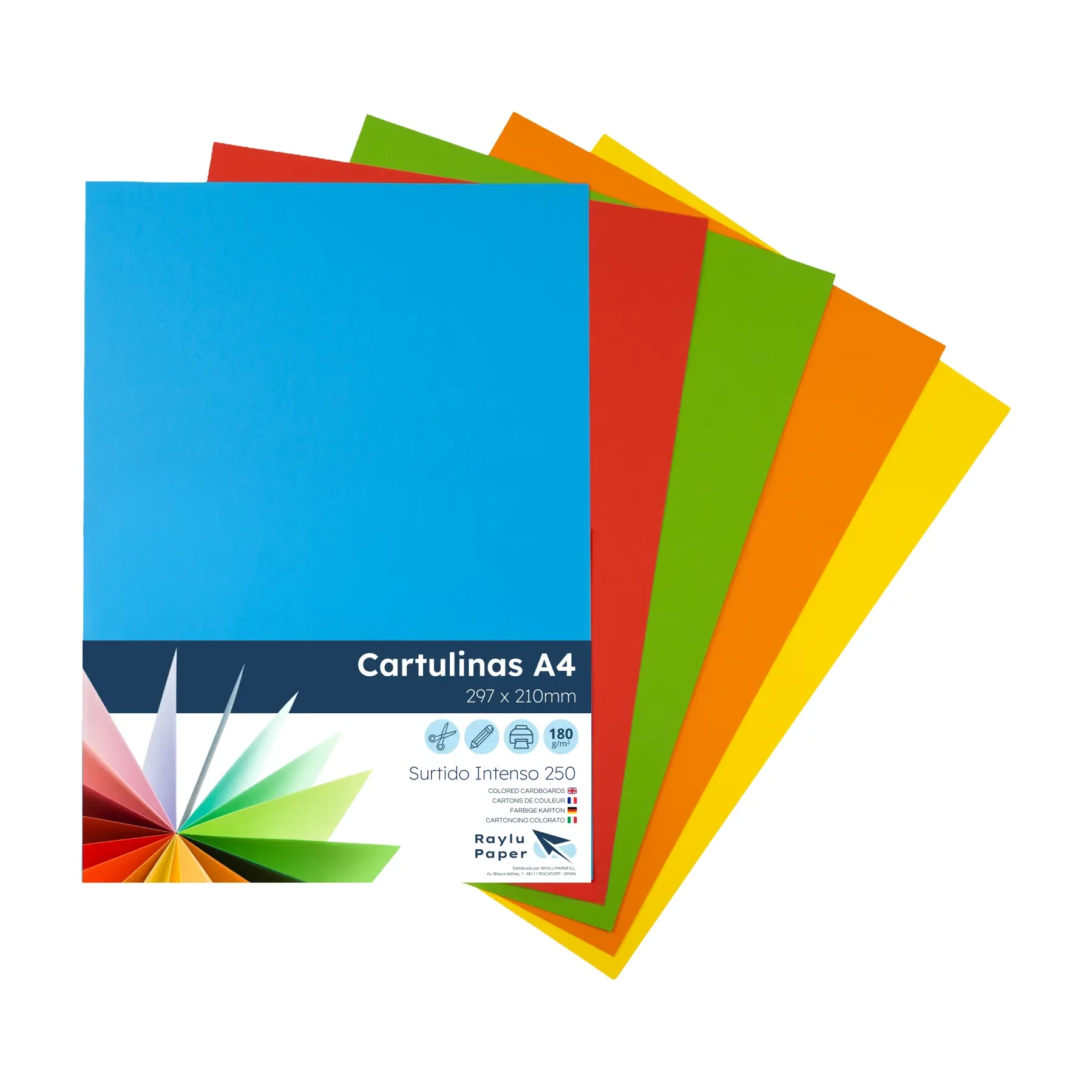 [497005] CARTULINAS RAYLU COLORES VIVOS SURTIDOS A4 180 GRAMOS PACK 250 HOJAS RAYLU