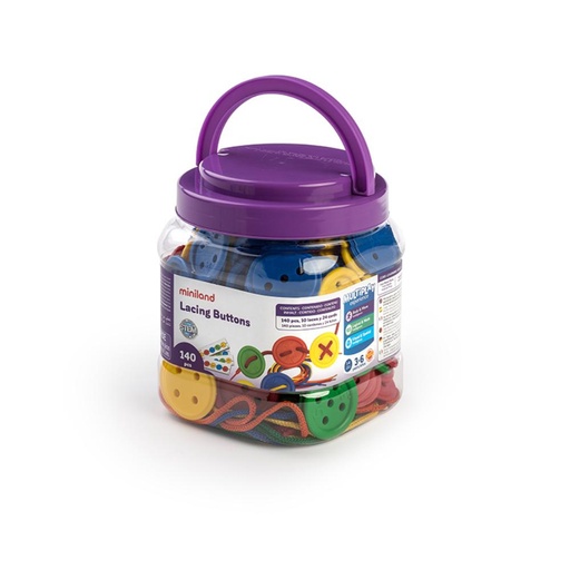 [722339] JUEGO EDUCATIVO PIEZAS ENSARTABLES BOTE 140 PIEZAS + 10 CORDONES MINILAND