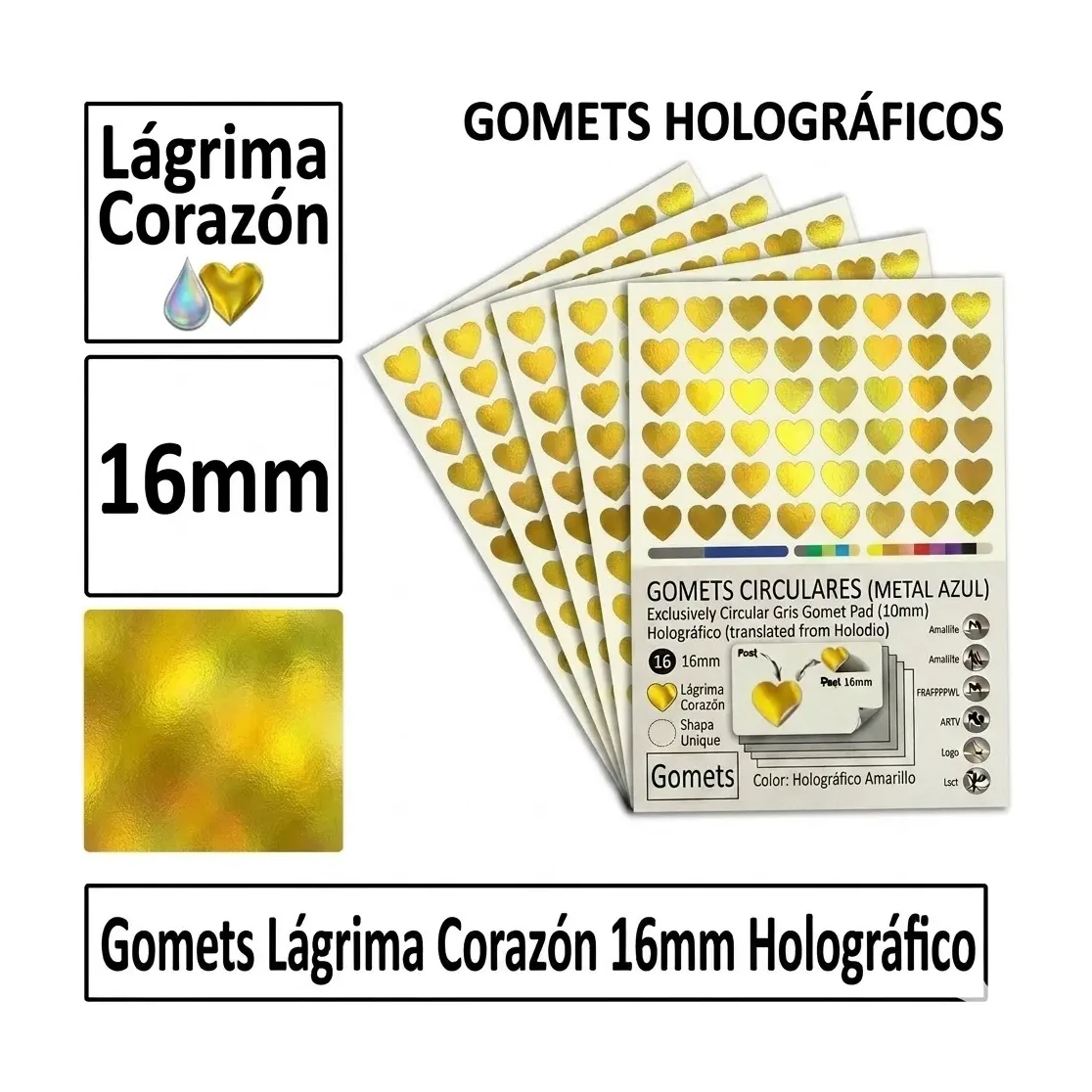 [825994] GOMETS CORAZON LAGRIMA Ø 16 MM HOLOGRAFICO AMARILLO