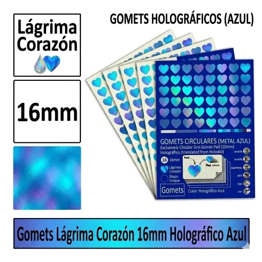 [825995] GOMETS CORAZON LAGRIMA Ø 16 MM HOLOGRAFICO AZUL