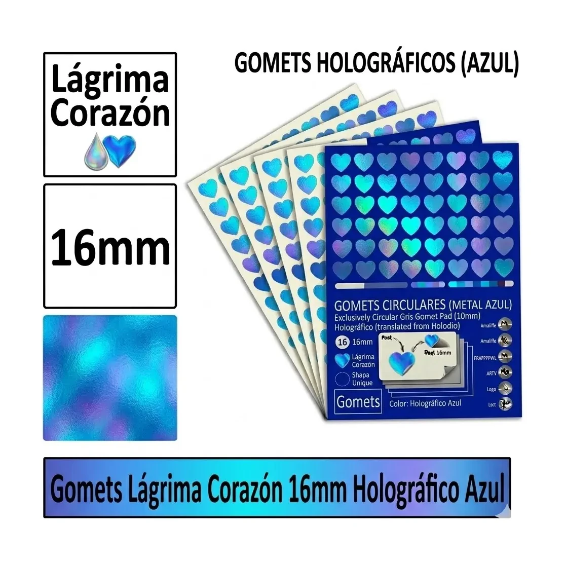 [825995] GOMETS CORAZON LAGRIMA Ø 16 MM HOLOGRAFICO AZUL