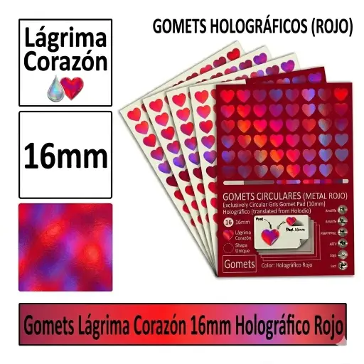 [825996] GOMETS CORAZON LAGRIMA Ø 16 MM HOLOGRAFICO ROJO
