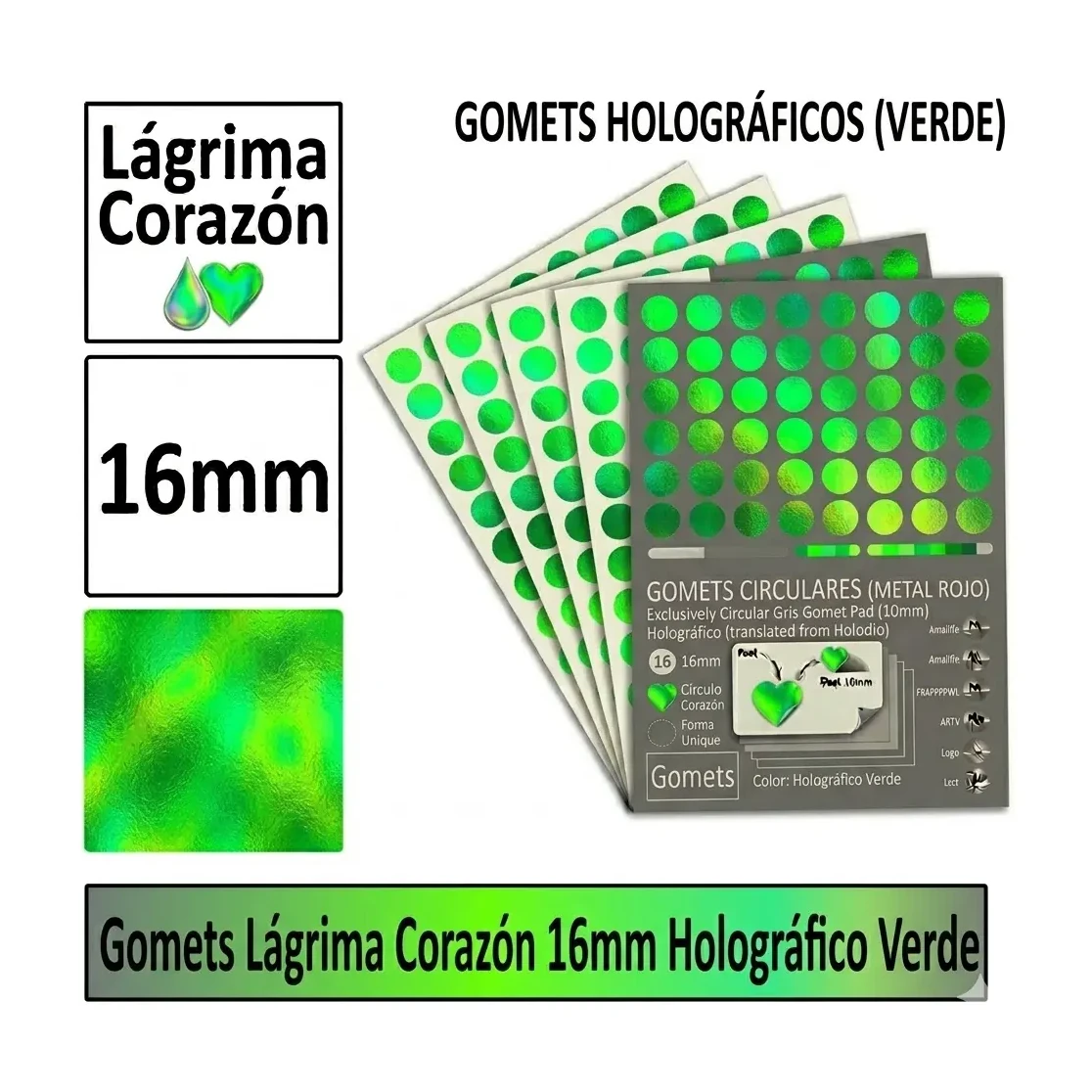 [825997] GOMETS CORAZON LAGRIMA Ø 16 MM HOLOGRAFICO VERDE