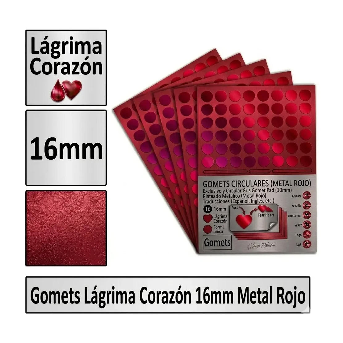 [826001] GOMETS CORAZON LAGRIMA Ø 16 MM METAL ROJO