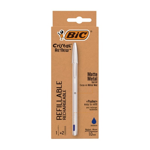 [081554] BOLÍGRAFO BIC CRISTAL RE’NEW AZUL BLÍSTER 1 UD + 2 RECAMBIOS