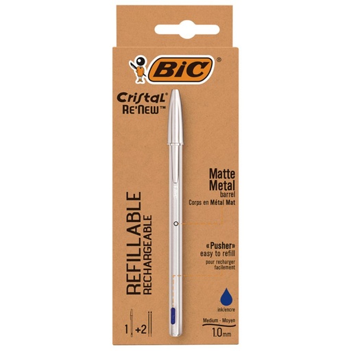 [081554] BOLÍGRAFO BIC CRISTAL RE’NEW AZUL BLÍSTER 1 UD + 2 RECAMBIOS