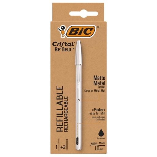 [081552] BOLÍGRAFO BIC CRISTAL RE’NEW NEGRO BLÍSTER 1 UD + 2 RECAMBIOS