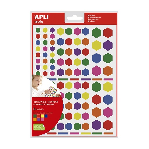 [028454] GOMETS APLI HEXAGONALES REMOVIBLES MULTICOLOR 6 HOJAS BOLSA