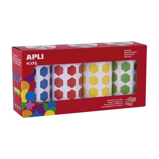 [028447] GOMETS APLI HEXÁGONOS 20 MM – AZUL, ROJO, AMARILLO Y VERDE 4 ROLLOS
