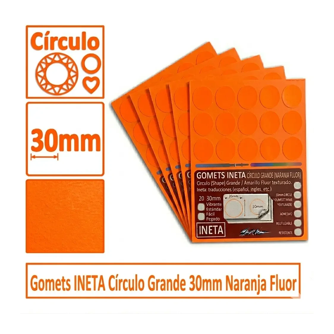 [825700] GOMETS INETA CÍRCULO GRANDE NARANJA FLUOR ROLLO 1680 UDS