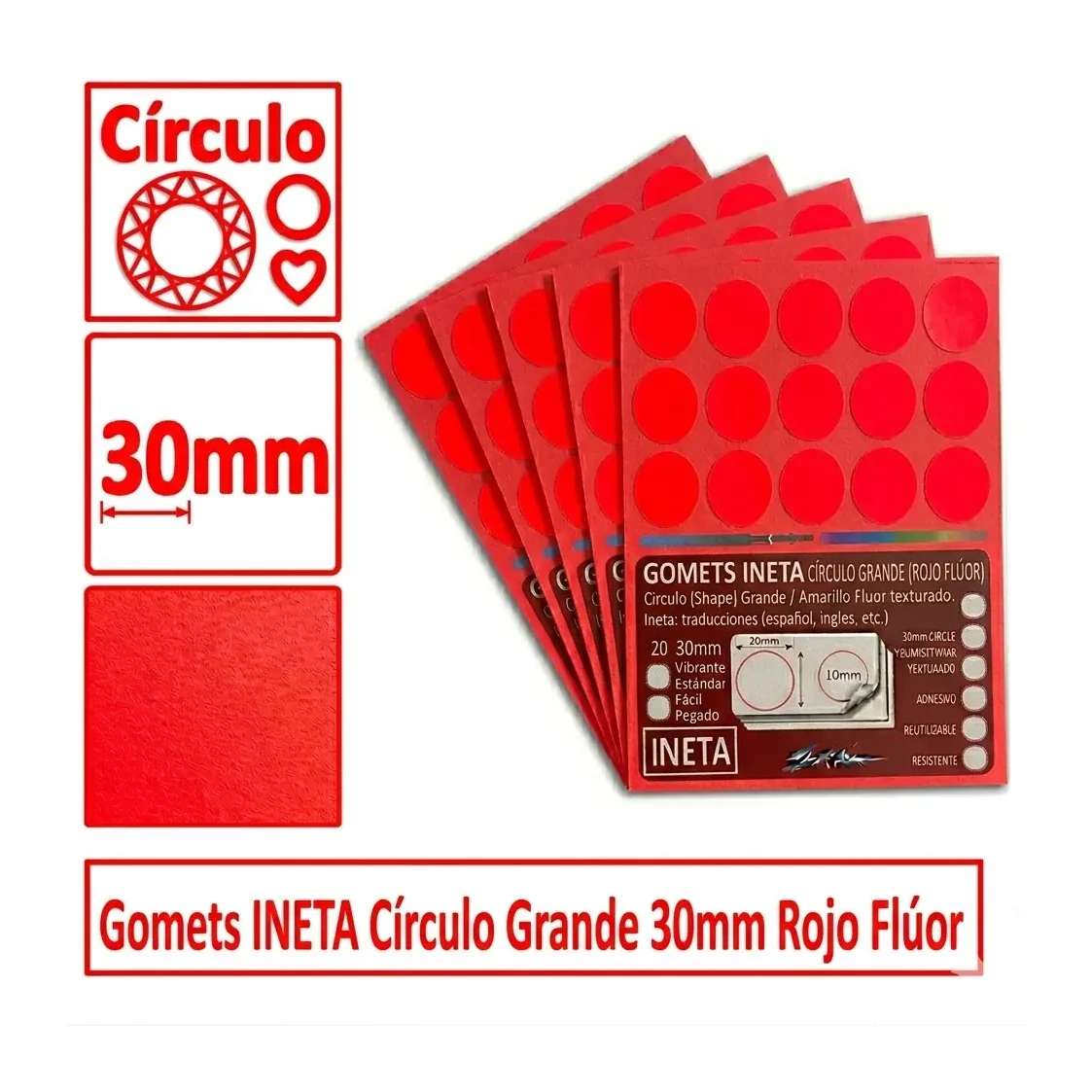 [825703] GOMETS INETA CÍRCULO GRANDE ROJO FLUOR ROLLO 1680 UDS