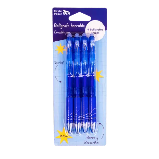 [120428] BOLÍGRAFO RAYLU IGNITE BORRABLE AZUL BLÍSTER 4 AZULES