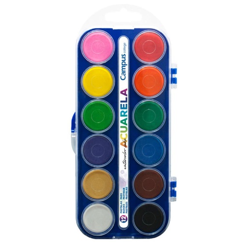 [630564] ACUARELA CAMPUS 12 PASTILLAS 22 MM – ESTUCHE TRANSPARENTE – CAMPUS COLLEGE