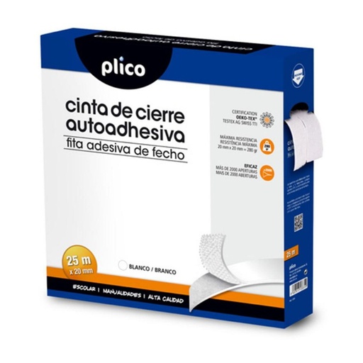[068876] CIERRE TEXTIL ADHESIVO VELCRO PLICO 20MM×25M BLANCO SET MACHO+HEMBRA