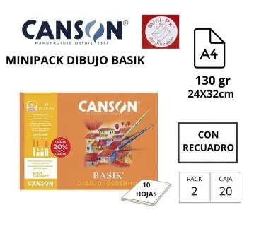[600076] MINI PACK 10 LÁMINAS DE DIBUJO A4 CON RECUADRO 130g BASIK CANSON