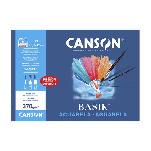 [619905] MINI PACK PAPEL ACUARELA BASIK CANSON DIN A3 370g PACK 6 HOJAS