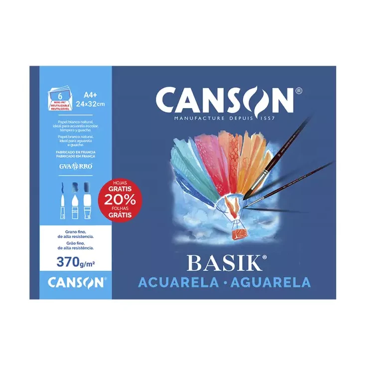 [619906] MINI PACK PAPEL ACUARELA BASIK CANSON DIN A4+ 370g PACK 6 HOJAS