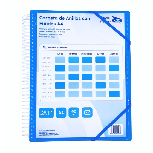 [180954] CARPETA PP RAYLU PAPER ESPIRAL 50 FUNDAS A4 AZUL PORTADA PERSONALIZABLE