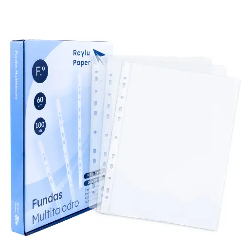 [181165] FUNDAS MULTITALADRO PIEL NARANJA FOLIO 60 MICRAS 100 UNIDADES RAYLU